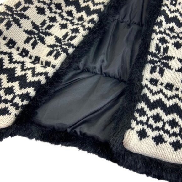 Talbots Knit Fair Isle Sweater with Fur Trim Black White - Picture 5 of 6
